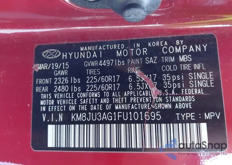 2015 Hyundai Tucson Se из США, поврежденный, VIN KM8JU3AG1FU101695